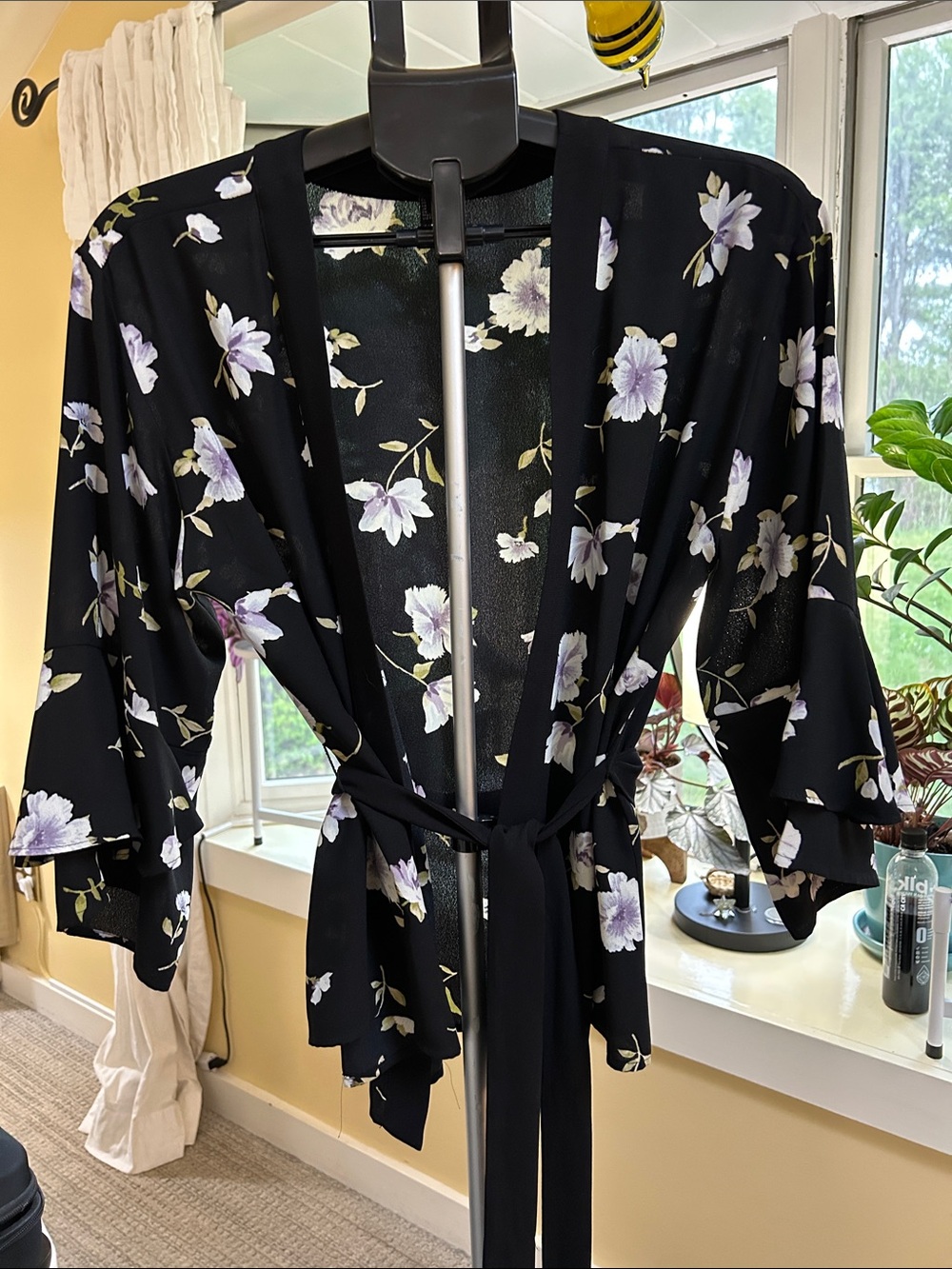 Forever 21 Black Floral Kimono Blouse with Light Purple Flowers